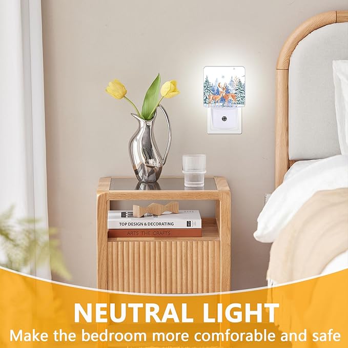 GANTINIR Vintage Deer Forest Night Light, Plug-into Winter Animals Nightlight White LED Lamp, Energy Efficient Decor Desk Lamp for Bedroom Hallway Stairs Bathroom