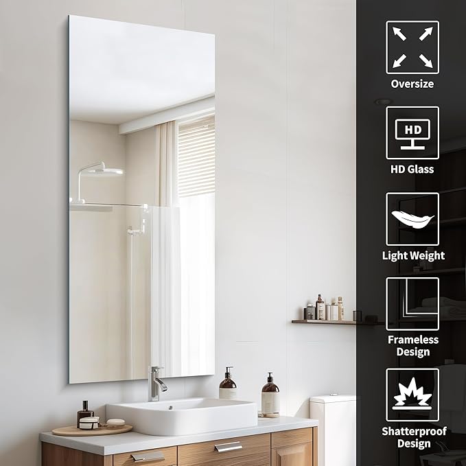CILIBER Frameless Mirror, 24x60 Inch Large Bathroom Mirrors for Wall, Upgraded Shatterproof Rectangle Vanity Mirror Over Sink with Polished Edge for Bathroom,Bedroom,Living Room and Entryway