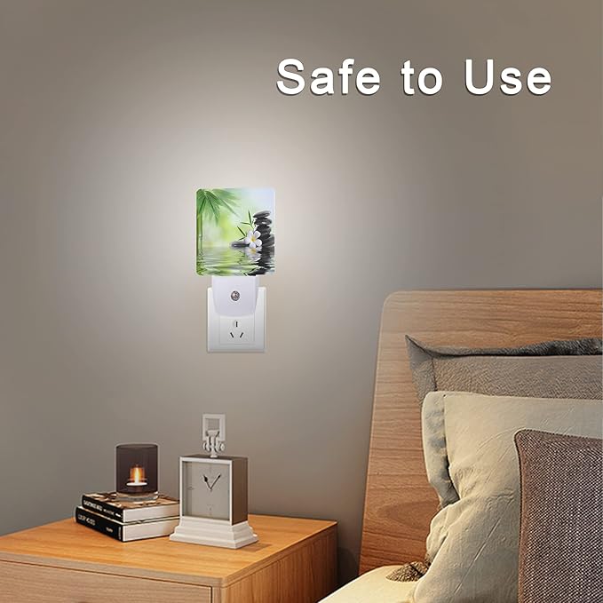 Smoaffly Zen Stones Bamboo Tree Jasmine Flower Spa Night Light Plug-in LED Nightlights Auto Sensor Night Lamp Dusk-to-Dawn Lamp Home Decor for Nursery Children Girls Boys