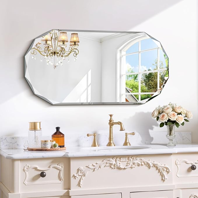 GLASHOM Beveled Edge Frameless Bathroom Mirror, Oval Wall Mirror for Over Sink, 18" x 36" Modern Decorative Vanity Mirror for Bedroom, Living Room, Entryway, Hanging Mirror Horizontal or Vertical