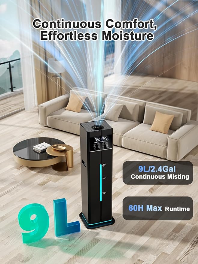 Zeova 9L/2.4Gal Smart Cool Mist Humidifier, Top Fill Quiet Humidifier Large Room, Covers 550ft², App & Remote Control, 60H Runtime, 7 Colors Light, 4 Mist Modes Humidifiers for Bedroom, Office, Black