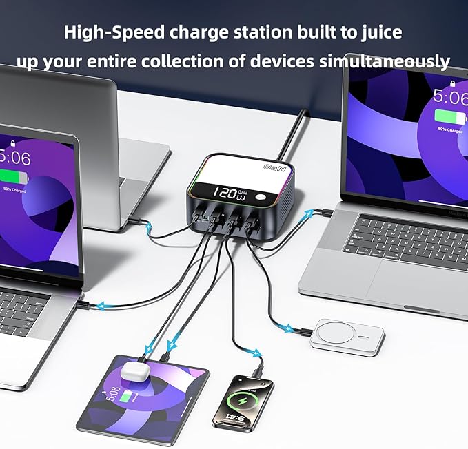 120W GaN USB C Charger Block Fast Charging, MultiPort USB Charging Station with Rainbow Gradient Light & LED Display for iPhone, Samsung Galaxy, iPad, Tablet, Laptop, Drones, Headphones