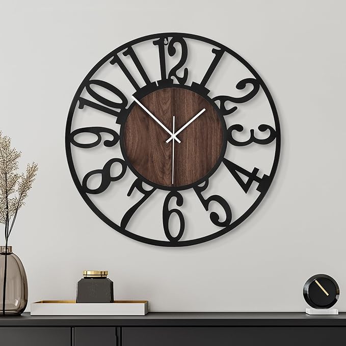 Casaformia 20'' Silent Wall Clock with Night Light, Glow in The Dark Decorative Wall Clock Battery Operated, Rustic Modern Metal & Wood Clocks for Bedroom Living Room Decor, Arabic Numerals