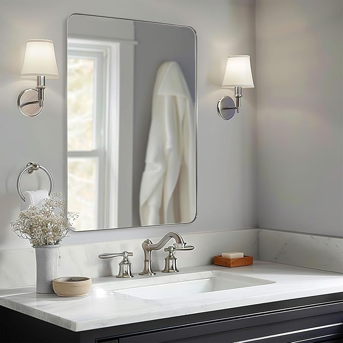 ANDY STAR 36”x48”Brushed Nickel Mirror for Bathroom, Rounded Rectangle Bathroom Mirror, Modern Metal Mirror in Premium Stainless Steel Frame, 1”Deep Set Design Hangs Horizontal Or Vertical