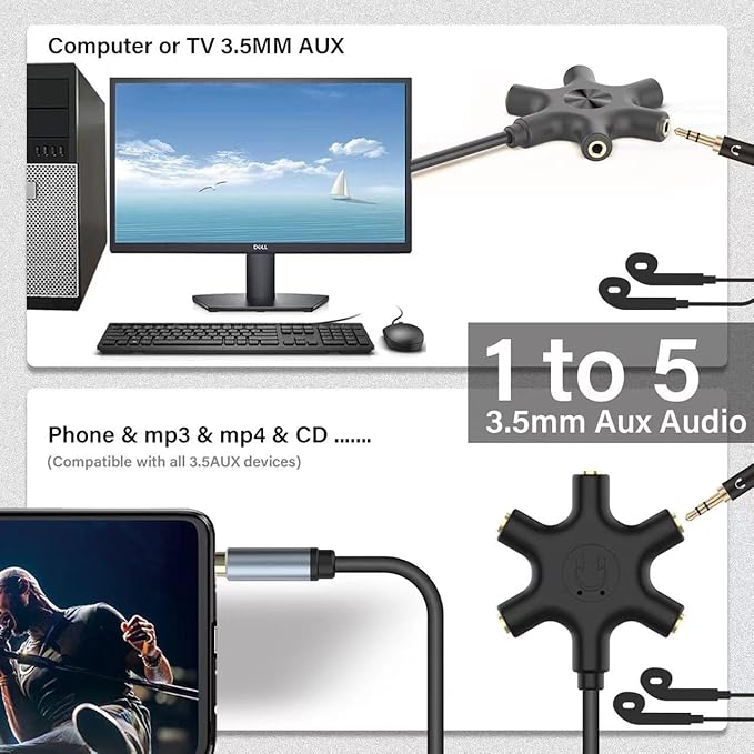 sovunis Multi Headphone Audio Splitter, 5-Way 3.5mm Jack Stereo Headset Adapter to Connect Up to 5 Devices for Mixing, Shared Experiences - for iPhone, iPad & More