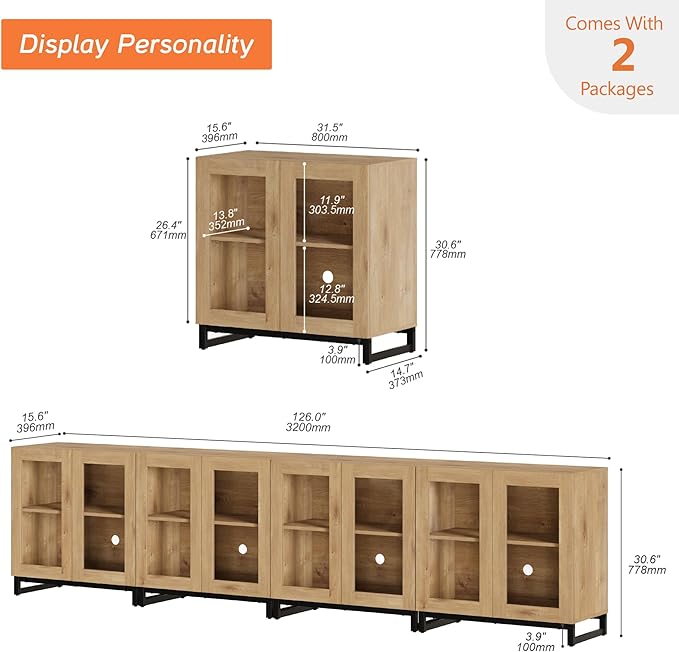 WAMPAT Modern TV Stand with Glass Doors for 120 inch TVs, 4 in 1 Entertainment Center Console with Adjustable Shelves and Metal Base for Living Room, Bedroom, Oak