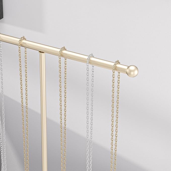 Justsoso Metal T-Bar Necklace Holder Stand, Necklace Hanging Display Stand, Tabletop Jewelry Organizer Stand for Necklace Bracelet Earring Display (Gold With Metal Base)