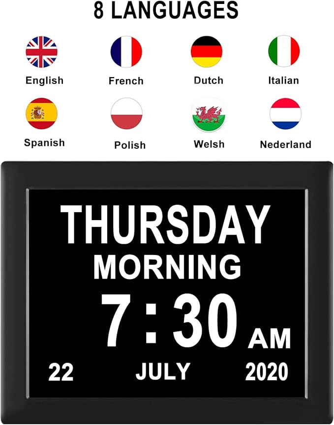 LaMi Products 7.85 Inch Dementia Clock for Seniors - Extra Large Display Digital Wall Clock with Day & Date, 12 Custom Alarms - High Contrast for Low Vision, Memory Care (Black)
