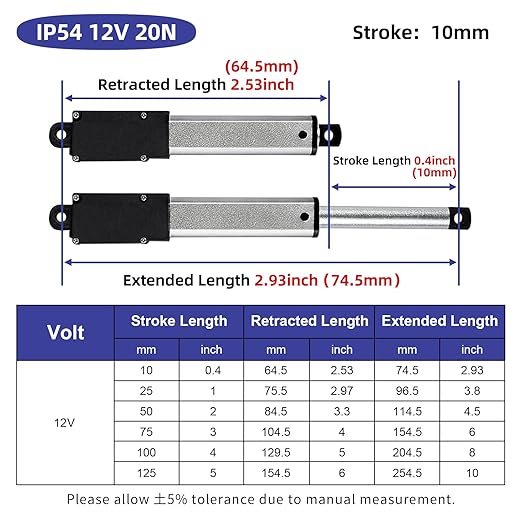 0.5 Inch 4.5lbs Mini Stroke 12V 4.5lbs Electric Linear Actuator 1.2"/sec Linear Motion Actuator with Brackets for Cabinets, Robotics, Home Automation, Window Opener(20N, 10mm)
