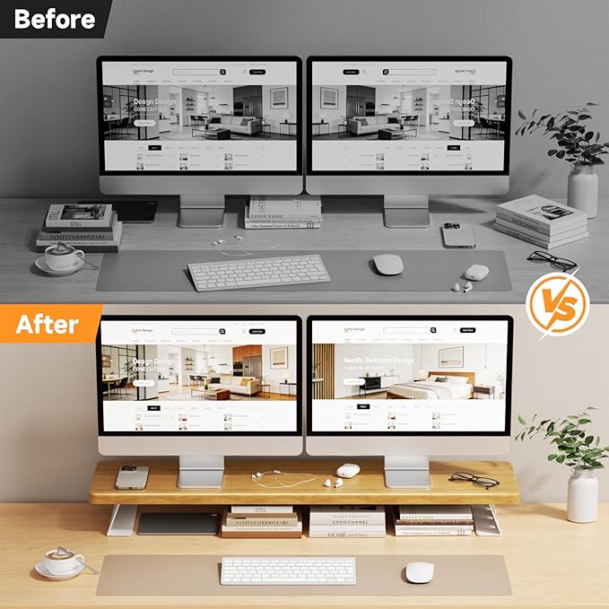 NestNeat Dual Monitor Stand Riser, 39 Inch Large Wood Monitor Stands for 2 Monitors, Desk Monitor Riser for Computer/Laptop/Printer/TV, Stand Riser up to 220 lbs