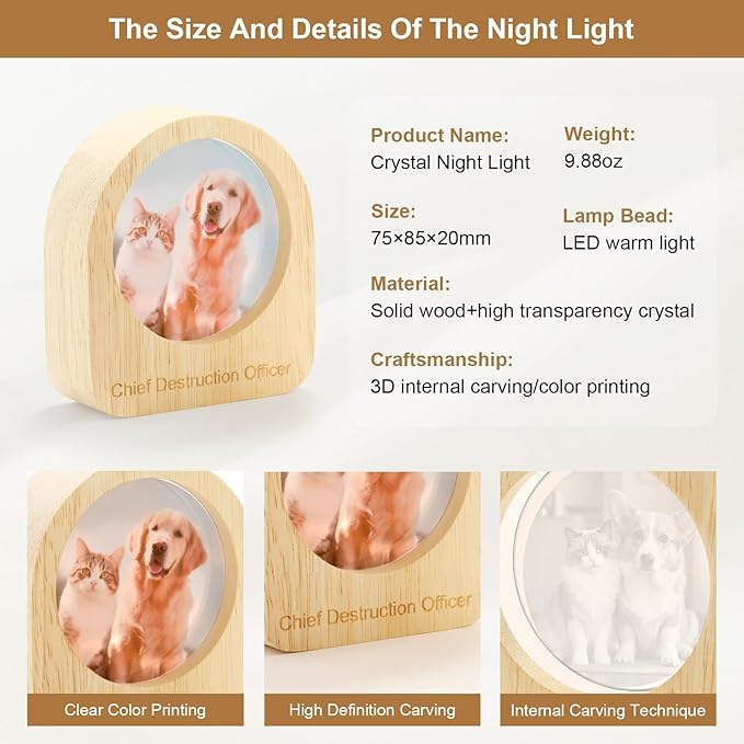 Yijhpbc Custom 3D Crystal Photo Night Light Personalized Photo Crystal Ball Engraved Picture Lamp with Wood Base Memorial Gift for Pets Family Couple Birthday Valentine's Day (Style 1)