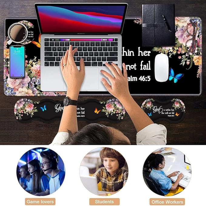 Ergonomic Keyboard Wrist Rest & Mouse Pad Wrist Rest Set, Large XXL Gaming Desk Mat 31.5"x 11.8" with Memory Foam, Easy Typing Pain Relief for Office & Home, Floral Quote Bible Verse Psalm 46:5