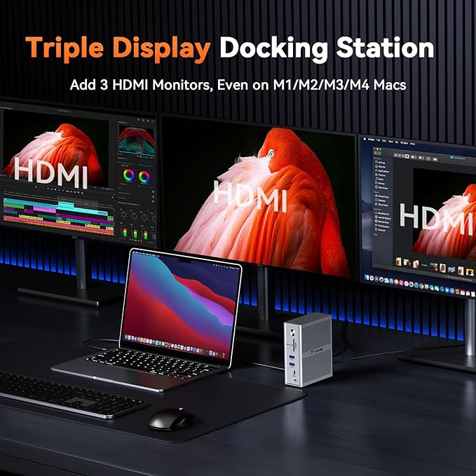 TobenONE DisplayLink Docking Station 3 Monitors, 14-in-1 Triple Monitor Dock for M1-M5 MacBook/Mac mini, Windows, Chrome (3HDMI, 120W Power Supply, 5 USB, Home Office & Professional Workspace