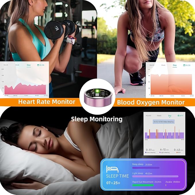 Smart Ring for Women Men, Health Tracker with Heart Rate/Blood Oxygen/Blood Pressure/Sleep Monitor/Step Counting, IP68 Waterproof Fitness Ring, No App Fees for iPhone & Android (Silver, 13#)