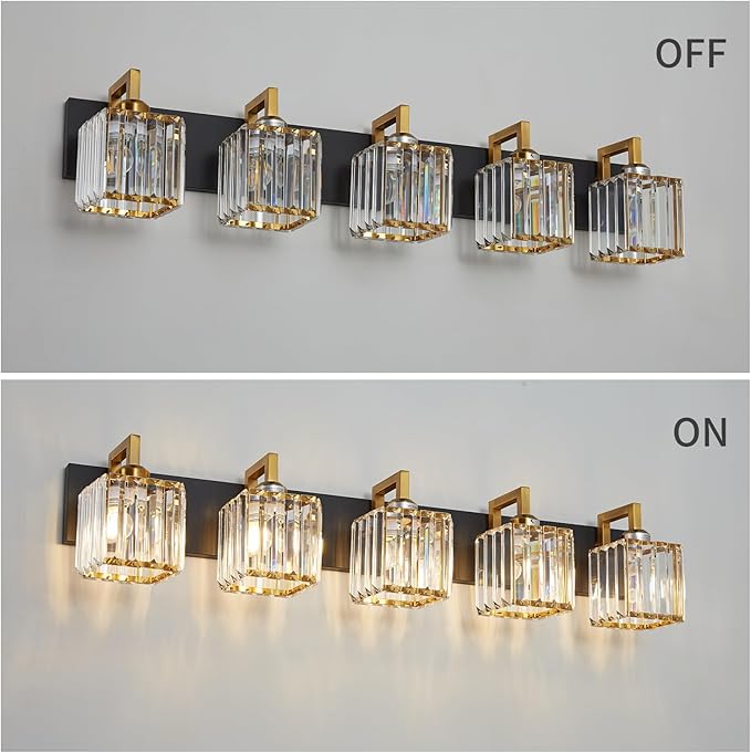 FDPBY Modern Bathroom Vanity Light 5-Lights Black Gold Crystal Wall Lamp Bathroom Modern Crystal Vanity Lighting