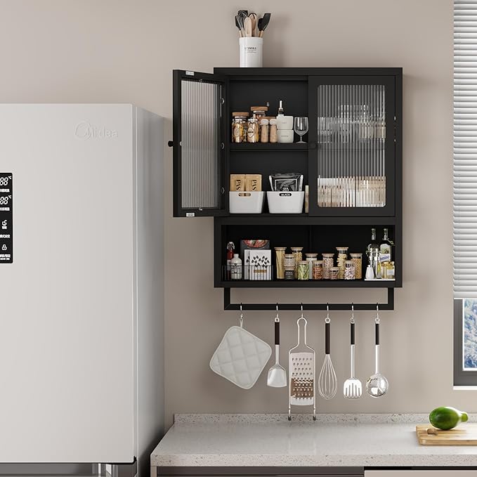 Bathroom Wall Cabinet, Over The Toilet Space Saver Storage Cabinet, Medicine Cabinet with 2 Glass Door and Towel Bar, Metal Wall Mounted Cabinet for Bathroom Laundry Room Kitchen
