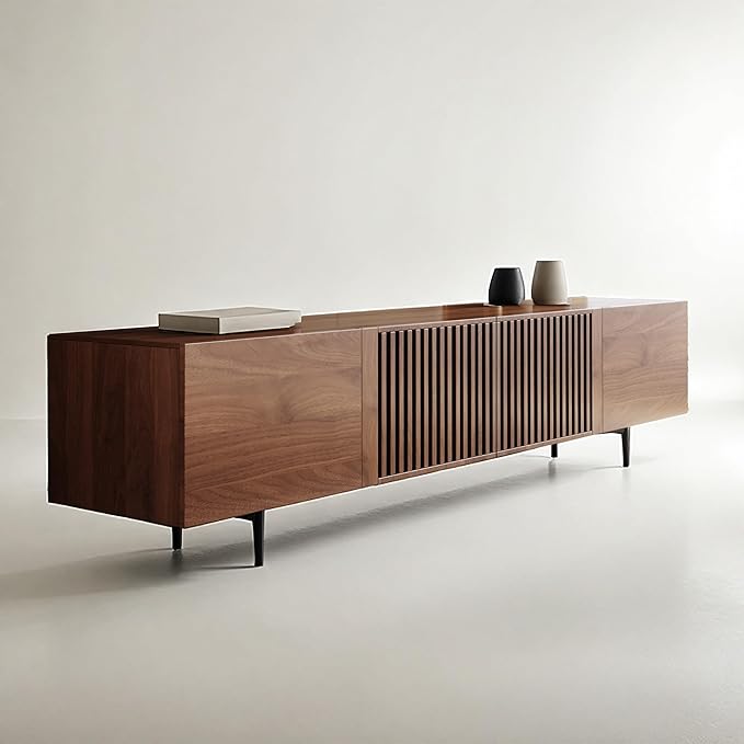 gaoyangjiaju Modern Walnut TV Console for 70 Inch Screen – Long 94.48” Media Unit with Grille Doors and Storage Cabinets, Great for Living Rooms & Bedrooms