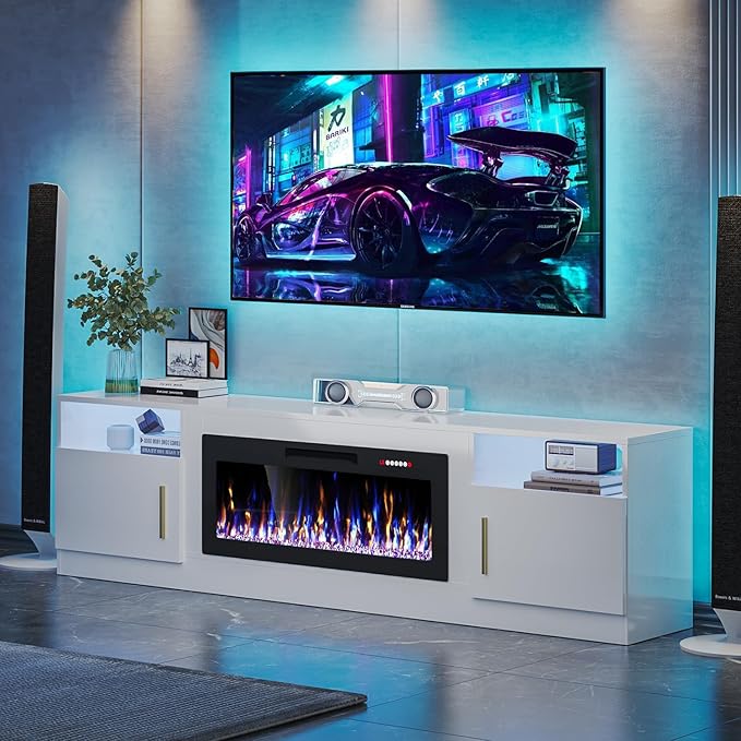 VITESSE TV Stand with 36" inch Electric Fireplace Up to 90" TVs, LED Light Entertainment Center, 80" Modern Wood High Gloss Fireplace with Highlight Storage Cabinet for Living Room (White)