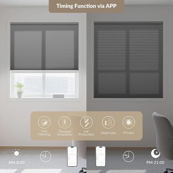 Boolegon No Drill Motorized Cellular Blinds With Remote Motorized Blackout Honeycomb Blinds For Indoor Windows Easy to Install Automatic Cellular Shades For Home,Light Filtering Light Gray,Custom Size