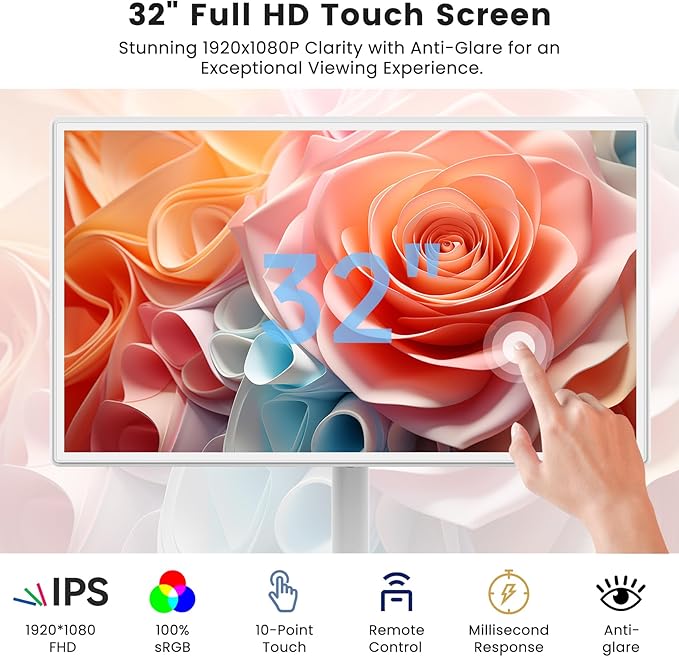 BIGASUO 32-Inch Portable Smart Screen 1080p Portable Monitor with Rotatable Touch Screen, 8G RAM+128G Storage, Android 13 OS, Built-in Battery(4-6H), Rolling TV on Wheels, Remote Control