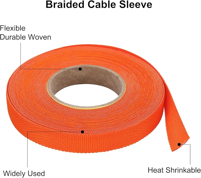 MECCANIXITY Braided Cable Sleeves Heat Shrinkable Fabric Sleeving, 3/8" 40ft Orange 2:1 Ratio Heat Shrinkable Cord Protector for Harness Cable, Network Cable Protection, Cable Management