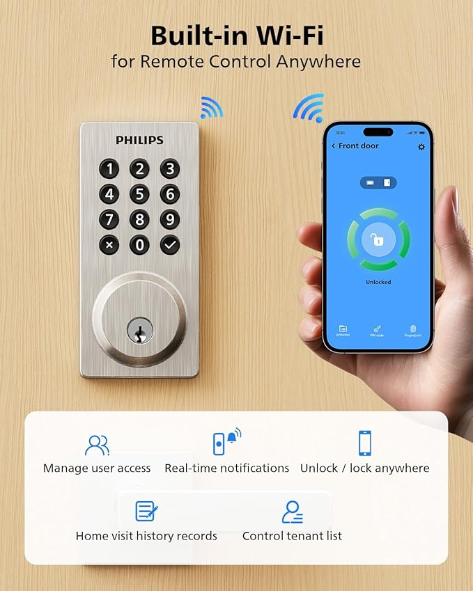 Philips WiFi Smart Keypad Deadbolt Lock, App Remote Control, No Hub Required, Support Alexa & Google Assistant, Keyless Entry Door Lock with Auto Lock, Digital Smart Locks for Front Door, Satin Nickel