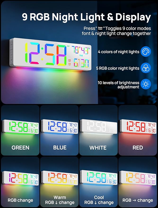 18.5" Large Digital Wall Clock with Remote Control, Big LED Display Digital Clocks with Night Light, Alarm, Countdown, DST, Temp, Date for Living Room, Bedroom, Office, Gift for Seniors(White)