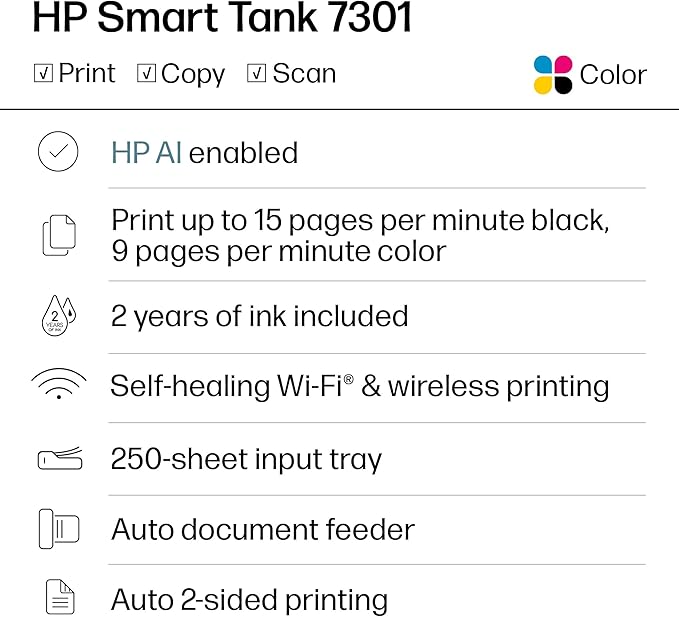 HP Smart Tank 7301 Wireless All-in-One Ink Tank Printer, Scanner, Copier with 2 Years of Ink Included, Best-for-Home Office, Cartridge-Free Refillable, AI-Enabled (28B70A)