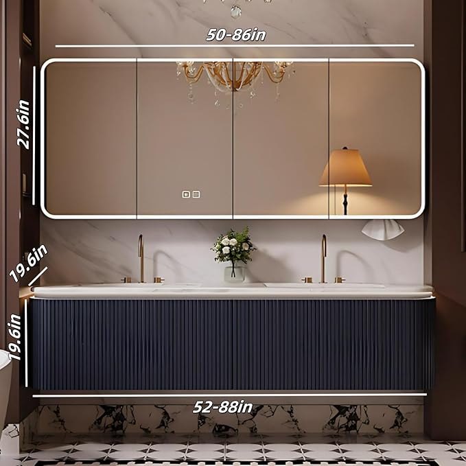 Bathroom Vanity with Double Sinks - LED Smart Defogging Mirror & Equipped with Tissue Hole | Modern Double Sink Bathroom Cabinet, 2 Drawers & Wavy Panel, Dark Blue (Mirror Cabinet, 68IN)