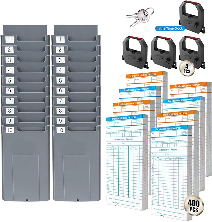 TooCust Time Clock Bundle for Small Business, Passcode Time Clock Punch Machine with 400 Time Cards, 4 Ink Ribbons, 2 Ten-Slot Time Card Racks, Auto-Align Clock in Machine for Employees