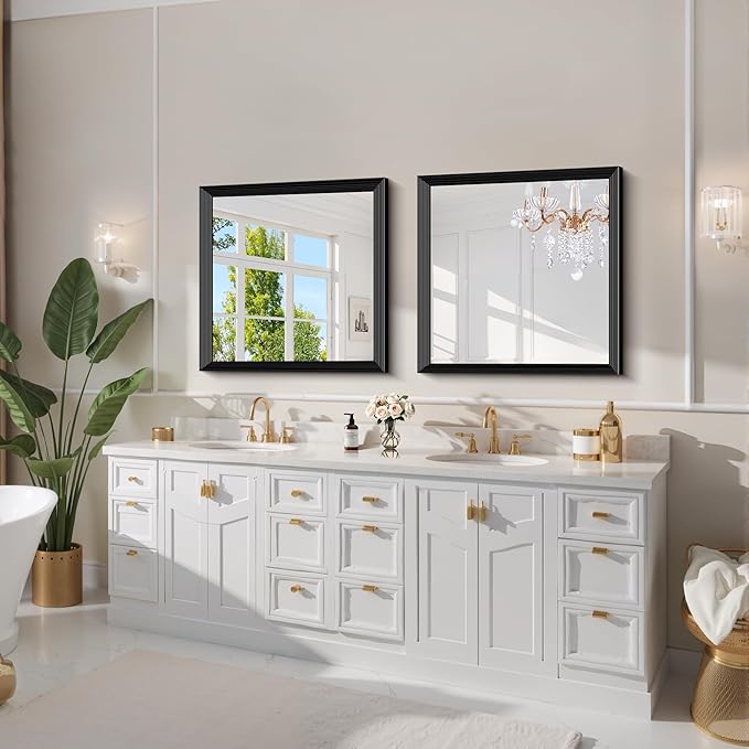 Black Bathroom Mirror 30 x 30 Inch Rectangle Wave Beveled for Wall Bathroom Vanity Mirror for Over Sink, Tempered Glass,for Entryway Hangs, Bathroom Living Room Horizontal or Vertical