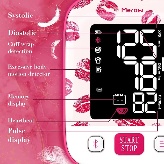 Meraw Blood Pressure Monitor Home Use, Blood Pressure Cuff Digital Arm, Blood Pressure Monitor Automatic Cuff 8.7-16.5" Bluetooth App Tracking Irregular Heartbeat Monitoring Pink