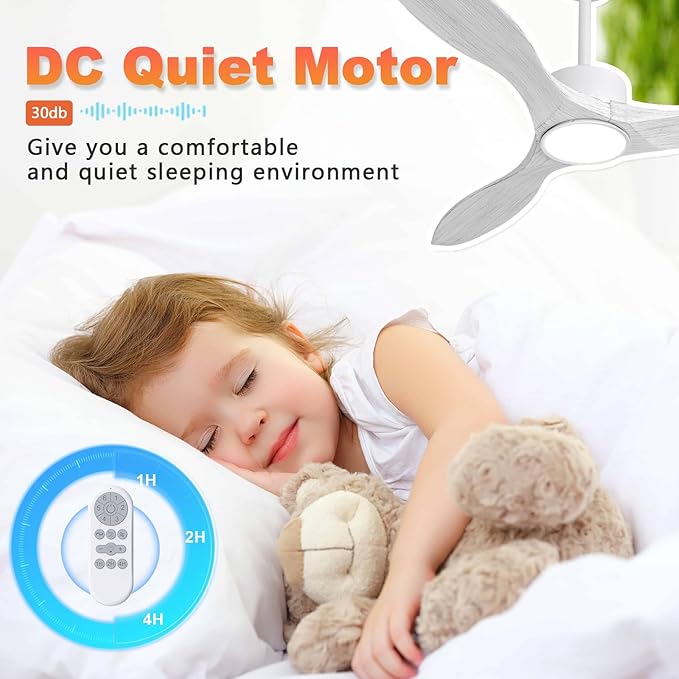 revoici 52 Inch White Ceiling Fan with Lights and Remote, Retro White Wood Low Profile Flush Mount Modern Ceiling Fan for Indoor Farmhouse Bedroom Living Room Outdoor Patio Porch, Reversible DC Motor