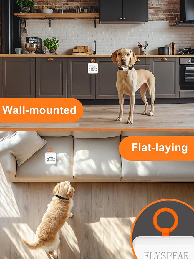FLYSPEAR Wireless Pet Barrier with 2 Transmitters - Rechargeable Indoor Barrier with 6 Adjustable Range Radius up to 7 ft, 6 Adjustable Safe Static Intensity, Electric Fence System for Dogs with Hook