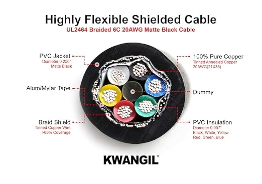 KWANGIL 6C 20AWG AMSB Shielded Cable Wire (UL2464) - Highly Flexible Str TC, PVC Ins, OS+TC BRD, PVC JKT for CNC Machine, Stepper Motor, VFD Spindle (Matte Black 100FT)