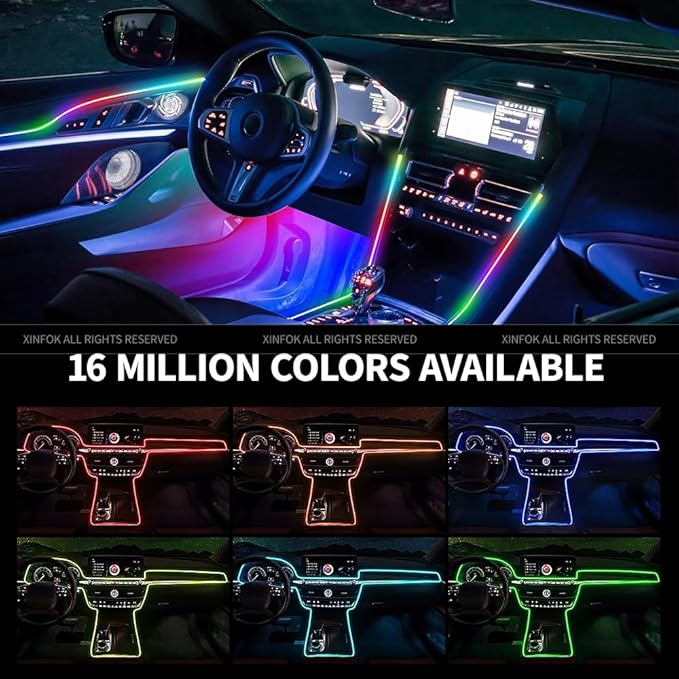 Ambient Lighting Car Led Lights Interior,43.3’’ USB Powered Acrylic Neon Flexible Strip Fiber Optic LED Ambient Lighting Kits with Remote APP, RGB Music Lights Sync for Inside car Decorations