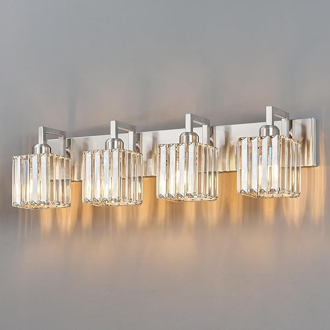 FDPBY Modern Bathroom Vanity Light 4-Lights Brushed Nickel Vanity Light Crystal Wall Light Bathroom Light Fixtures