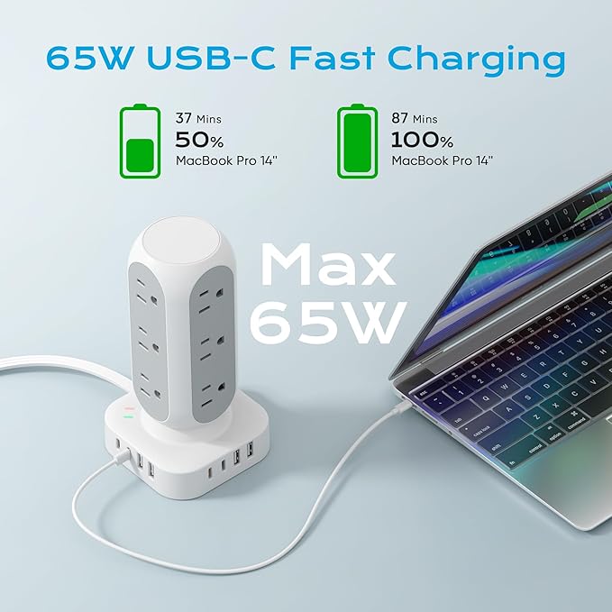 TenTrend 65W Fast Charging Station, Flat Plug Power Strip Tower with 12 AC Outlets & 8 USB Ports (2 PD USB-C Ports), 10FT Extension Cord, Compatible for MacBook Pro, iPhone Series.