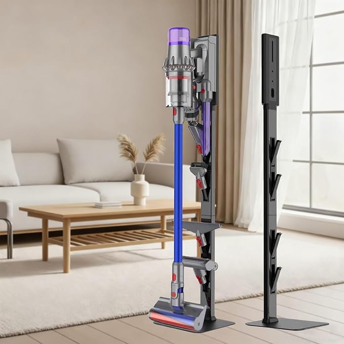 AIKOLZON Vacuum Stand for Dyson with Foldable Storage Hooks and Heavy-Duty Carbon Steel Base, No Drill Installation, Space-Saving Organizer for All Dyson Cordless Vacuums & Accessories