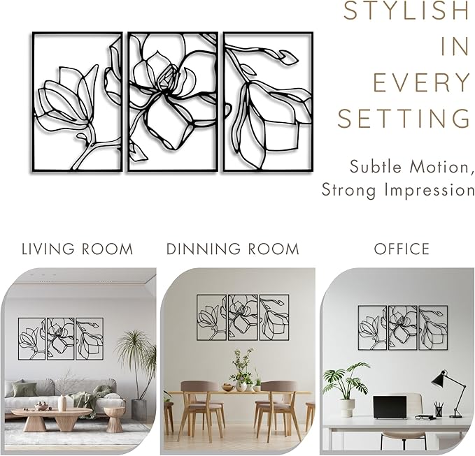 Wita Home Poppy Flower Metal Wall Art, 3-Panel Botanical Line Design, Modern Floral Wall Decor for Living Room, Bedroom, Office, Indoor & Outdoor Display (24×12 inches)