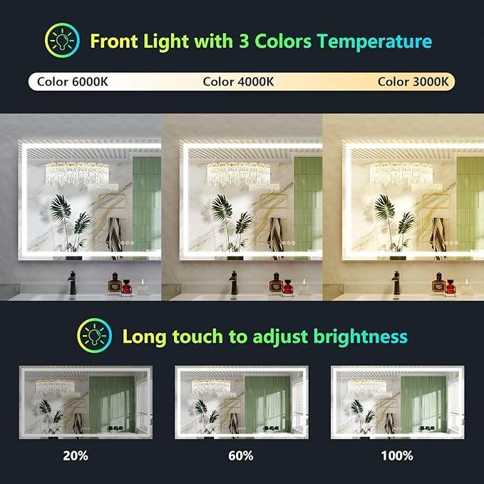 YEELAIT 72x40 Inch RGB LED Bathroom Mirror Front Light and RGB Backlit Lighted Vanity Mirror for Bathroom Wall Mounted Dimmable Anti Fog Memory Shatter-Proof IP54 Waterproof Horizontal/Vertical