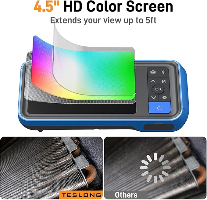 Teslong Telescopic Endoscope Inspection Camera with Screen & Light, 4.5" IPS Display Borescope with 5FT Telescoping Pole, IP67 Waterproof Inspection Camera for Ceiling, Wall, Chimney, Automotive &HVAC