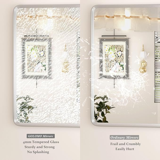32x36 Inch Silver Bathroom Mirror, Silverirsh Paint Metal Frame Silver Mirror, Rounded Rectangle Bathroom Vanity Mirror, Shatterproof, Anti-Rust (Horizontal/Vertical)