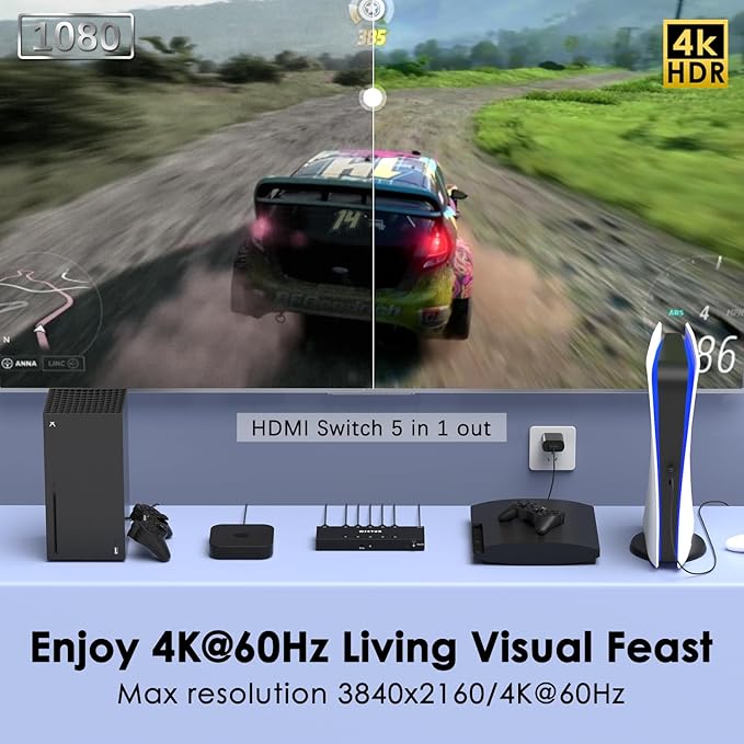 4K@60Hz 5 in 1 Out HDMI Switch, 5 Port HDMI Switcher Selector Support HDR10 & HDCP 2.2 & Full 3D with IR Remote Control Compitable with Nintendo Switch,Xbox PS5/4,Fire Stick,Roku,Apple TV for Gaming