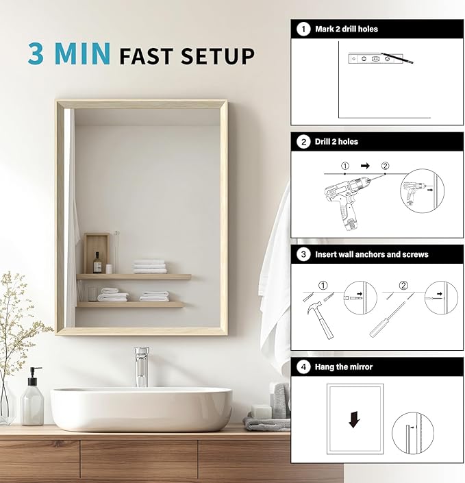Oak Wood Effect Framed Wall Mirror, 30x40 Rectangle Mirror, Anti-desilvering Tempered Glass, Sustainable& Sturdy Frame, Anti-Rust, HD Reflection &3min Fast Setup for Bathroom Living Room