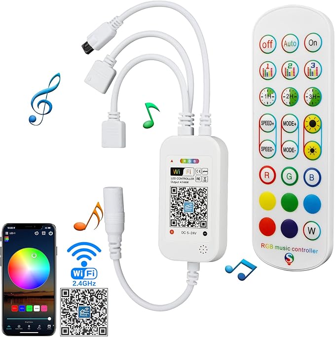 RGBZONE 2.4GHz WiFi LED Controller, IR Wireless Remote Control, 2-Ports Smart 4-PIN RGB LED Controller, Music Sync, for SMD 5050 3528 LED Light Strips(2 Ports)
