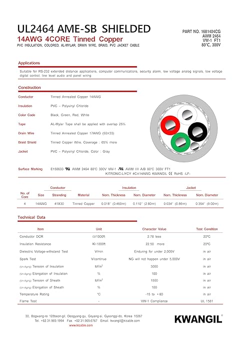KWANGIL 4C 14AWG AMESB Shielded Cable Wire (UL2464) - Flexible Str TC, PVC Ins, OS+Drain+TC BRD, PVC JKT for CNC Machine, Stepper Motor, VFD Spindle (Gray 50FT)