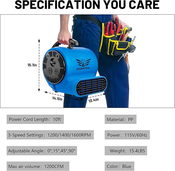 BSMTEK Air Mover Blower Fan, Industrial 1/3HP 1200CFM Monster Floor Blower Carpet Dryers - 3 Speeds Switch, 4 Adjustable Angles, 10FT Long Cord, Stackable - 2026 Upgraded