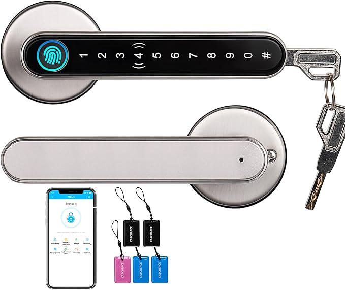 Smart Lock CATCHFACE Fingerprint Door Handle 5-1 Keyless Entry Door Lock,Smart Door Lock with Fingerprint/Code/Card/Key-Ideal for Front Door Hotel Office Office - Satin Nickel