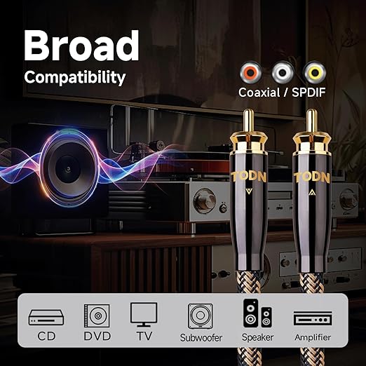 TODN HiFi Digital Coaxial Audio Cable for Audiophile 75-Ohm SPDIF Coax with O-C-C Core, Dual Shielded, 24K Gold-Plated Plug (3ft /1m)